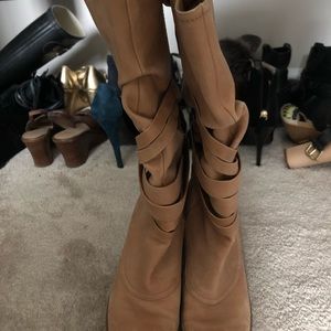 Tan leather mid calf boots